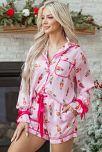 Load image into Gallery viewer, Pink Nutcracker Print Contrast Trim Tied up Bow Silky 2pcs Pajama Set
