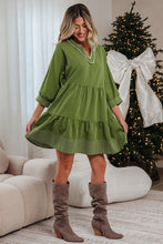Load image into Gallery viewer, Jungle Green Contrast Stitched V Neck 3/4 Sleeve Tiered Mini Dress
