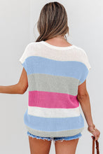 Load image into Gallery viewer, Light Blue Color Block Notch V Neck Sweater T Shirt
