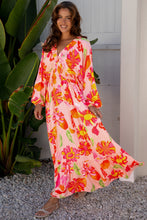 Load image into Gallery viewer, Beige Floral Print Smocked Detail V Neck Puff Sleeve Flowy Maxi Dress
