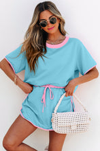 Load image into Gallery viewer, Turquoise Colorblock Edge Drop Shoulder T Shirt and Skort 2Pcs Set
