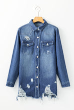 Load image into Gallery viewer, Sky Blue Light Wash Distressed Frayed Long Denim Jacket
