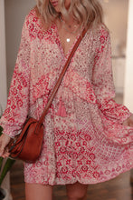Load image into Gallery viewer, Pink Bohemian Floral Print Tassel Tie Long Sleeve Flowy Mini Dress
