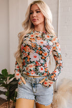 Load image into Gallery viewer, Orange Floral Mesh Slim Long Sleeve Crop Top
