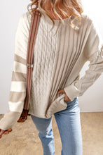 Load image into Gallery viewer, Khaki Cable Knit Colorblock Crew Neck Drop Shoulder Sweater
