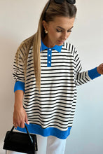 Load image into Gallery viewer, Black Stripe Color Block Patchwork Button Polo Collar Side Slit Sweatshirt
