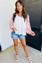 Load image into Gallery viewer, White Tropical Leaf Printed Patchwork Sleeve Round Neck Top

