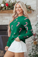 Load image into Gallery viewer, Dark Green Christmas Candy Cane Holiday Drop Shoulder Sweater
