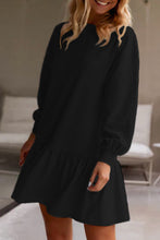Load image into Gallery viewer, Black Solid Color Puff Sleeve Ruffle Hem Mini Dress

