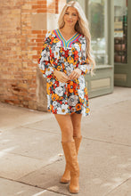 Load image into Gallery viewer, Orange Floral Print Striped Lace V Neck Long Sleeve Mini Dress
