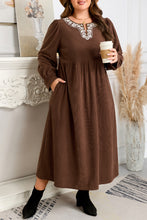 Load image into Gallery viewer, Coffee Embroidered Notched Neckline Textured Pleated High Waist Plus Size Midi Dress
