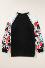 Load image into Gallery viewer, Black Floral Patchwork Long Sleeve Ribbed Blouse
