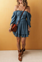 Load image into Gallery viewer, Real Teal Frilled Neckline 3/4 Sleeve Layered Ruched Mini Dress
