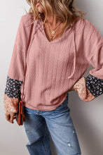 Load image into Gallery viewer, Dusty Pink Floral Patchwork Textured Knit Drawstring V Neck Blouse
