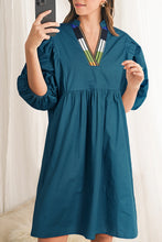 Load image into Gallery viewer, Blue Sapphire Colorblock Split V Neck Puff Sleeve Mini Dress
