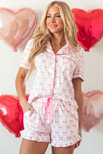 Load image into Gallery viewer, Pink Bowknot Printed Short Sleeve and Ruffled Shorts Pajama Set
