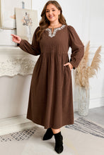 Load image into Gallery viewer, Coffee Embroidered Notched Neckline Textured Pleated High Waist Plus Size Midi Dress
