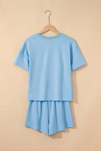 Load image into Gallery viewer, Myosotis V Neck Drop Shoulder Tee and Patchwork Drawstring Elastic Waistband Shorts Set
