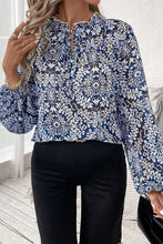 Load image into Gallery viewer, Blue Tribal Print Lace-up Frilled Neck Puff Sleeve Blouse
