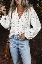 Load image into Gallery viewer, White Eyelet Embroidered Puff Sleeve V Neck Blouse
