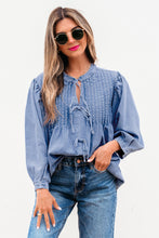 Load image into Gallery viewer, Myosotis Denim Front Pintuck Bow Tie Puff Sleeve Top

