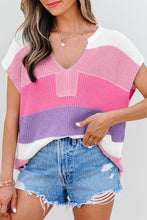 Load image into Gallery viewer, Pink Color Block Notch V Neck Sweater T Shirt
