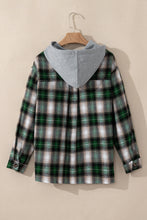 Load image into Gallery viewer, Green Plaid Print Chest Pocket Buttoned Hooded Shacket
