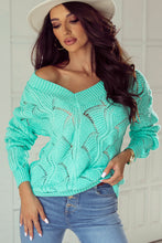 Load image into Gallery viewer, Mint Green Hollow Out Knit V Neck Drop Shoulder Sweater
