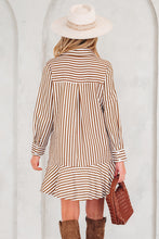Load image into Gallery viewer, Brown Stripe Ruffled Hem Collared Long Sleeve Shirt Mini Dress
