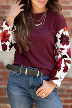 Load image into Gallery viewer, Wild Ginger Contrast Floral Sleeve Solid Ribbed Body Patchwork Long Sleeve Top
