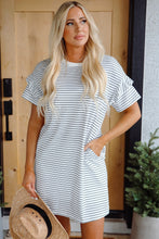 Load image into Gallery viewer, White Stripe Ruffled Short Sleeve Crew Neck T Shirt Shift Mini Dress
