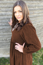 Load image into Gallery viewer, Coffee Embroidered Notched Neckline Textured Pleated High Waist Plus Size Midi Dress
