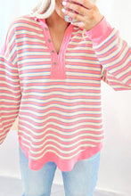 Load image into Gallery viewer, Pink Stripe Buttoned V Neck Collared Drop Shoulder Top
