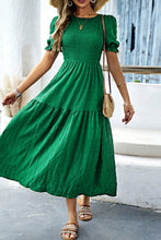 Load image into Gallery viewer, Dark Green Solid Textured Smocked Puff Short Sleeve High Waist Long Dress

