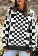 Load image into Gallery viewer, Black Checkered Print Drop Shoulder Round Neck Sweater
