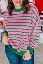 Load image into Gallery viewer, Pink Stripe Waffle Knit Crew Neck Plus Size Sweatshirt
