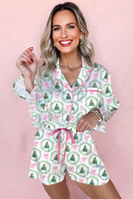 Load image into Gallery viewer, Green Christmas Fashion Print Velvet Trim Bow Knot Pajama 2pcs Short Set
