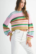 Load image into Gallery viewer, Multicolour Striped Knit Ribbed Trim Boxy Fit Cropped Sweater
