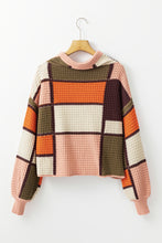Load image into Gallery viewer, Orange Color Block Waffle Knit Drawstring Mock Neck Sweater
