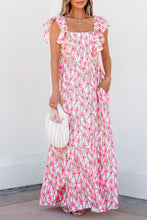 Load image into Gallery viewer, Pink Floral Print Square Neck Ruffled Strap Maxi Dress
