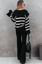 Load image into Gallery viewer, Black Caped V Neck Slit Sleeve Striped/Solid Sweater
