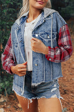 Load image into Gallery viewer, Beau Blue Plaid Print Patchwork Hooded Raw Hem Denim Jacket
