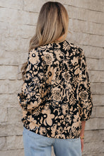 Load image into Gallery viewer, Black Floral Shirred Yoke Bracelet Sleeve Split Neck Boho Blouse
