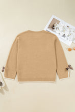 Load image into Gallery viewer, Tan Plus Size Leopard Bow Decor Split Cuffs Loose Sweater
