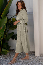 Load image into Gallery viewer, Black Stripe V Neck Zip Front Cinched High Waist Midi Dress
