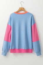 Load image into Gallery viewer, Bright Pink Colorblock Patchwork Drop Shoulder Sweatshirt
