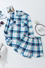 Load image into Gallery viewer, Blue Plaid Print Shirt and Shorts 2Pcs Lounge Set
