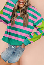 Load image into Gallery viewer, Pink Stripe Star Patchwork Round Neck Pullover Sweatshirt
