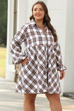 Load image into Gallery viewer, White Plaid Bubble Sleeve Flowy Shirt Dress
