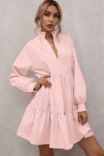 Load image into Gallery viewer, Pink Frilled Stand Collar Long Sleeve Ruffle Dress
